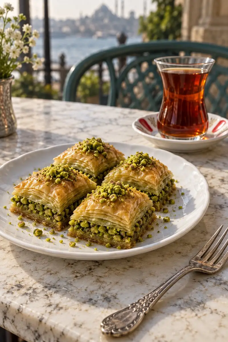 Türk çayı eşliğinde servis edilen baklava